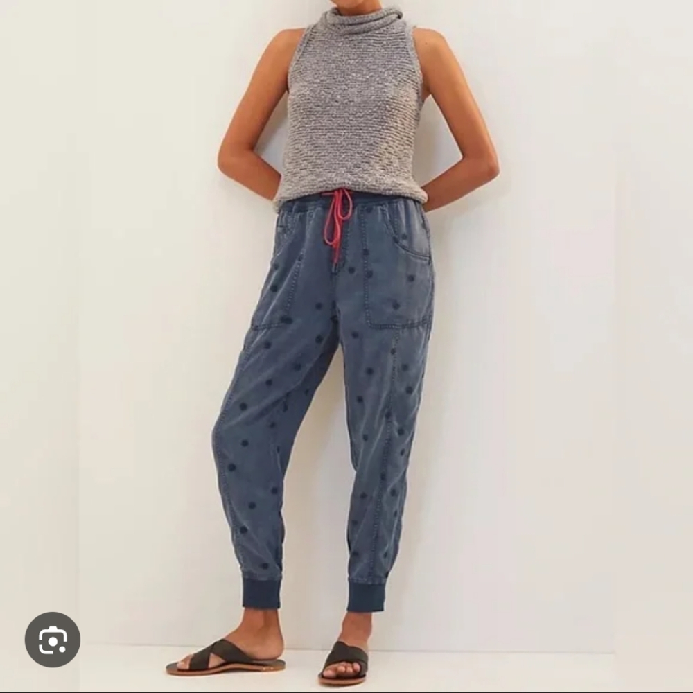 Anthropologie Denim Blue Joggers with Red Drawstring